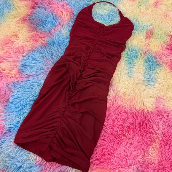Princess Polly Dresses & Skirts - Princess Polly Red Mesh Ruched Halter Mini Dress Wine Bodycon Size US 2